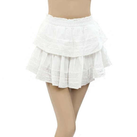 Loveshackfancy Ruffle Mini Skirt Lace Antique White Cotton Tiered Beach M - Picture 4 of 7